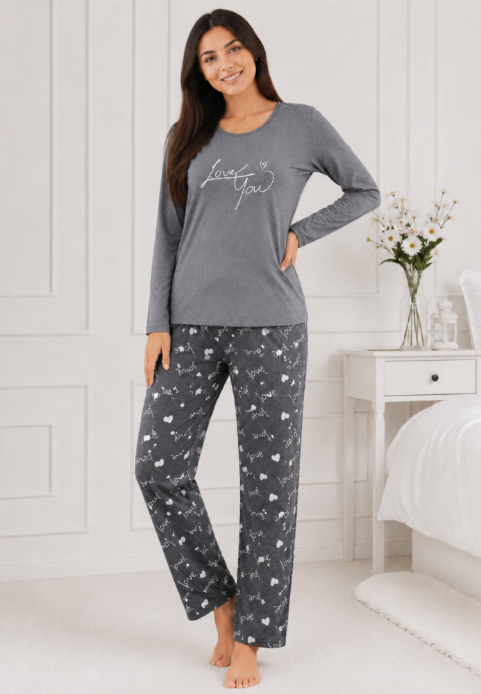 Pijama de damă cu bluză cu maneca lunga și pantaloni -Gri,Engros